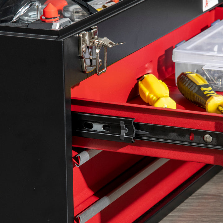 3 Drawer Tool Chest, Lockable Metal Tool Box with Ball Bearing Runners, Portable Toolbox, 510mm x 220mm x 320mm, Black