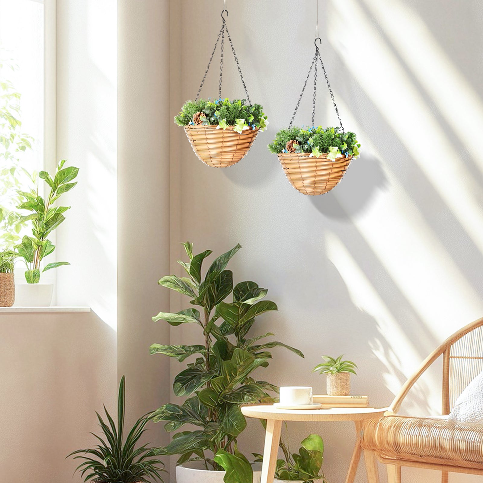 Artificial Flowers in Basket Set of 2, Artificial Hanging Baskets with PE Leaves, 18 Flowers and 3 Pinecones in Pot, Decorative Faux Plant for Home Office Decor, Green