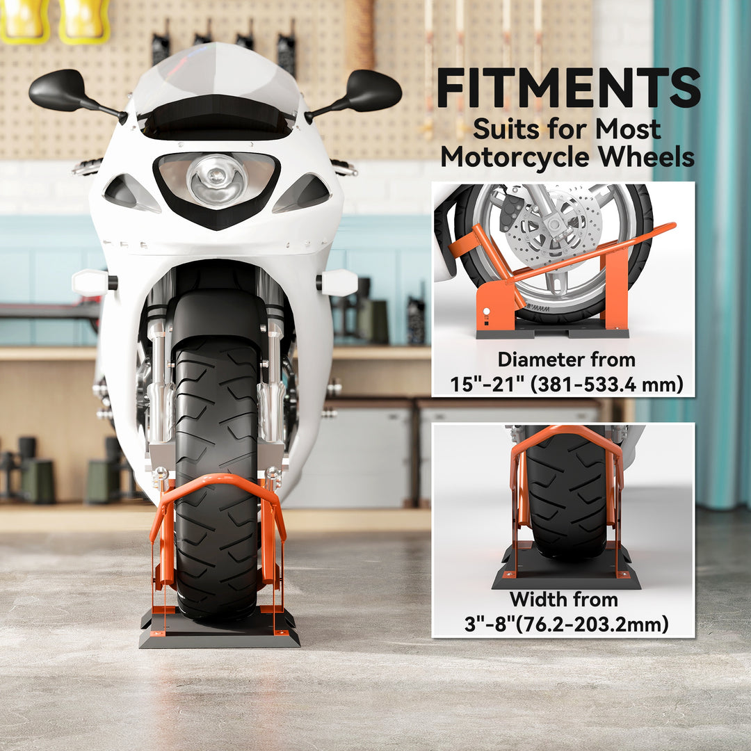 Motorcycle Wheel Chock, 816.5 kg Capacity Heavy Duty Steel Motorcycle Front Wheel Chock Holder with 3 Height Adjustable Holes, Fits 381-533.4 mm Wheels, Orange