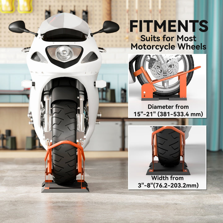 Motorcycle Wheel Chock, 816.5 kg Capacity Heavy Duty Steel Motorcycle Front Wheel Chock Holder with 3 Height Adjustable Holes, Fits 381-533.4 mm Wheels, Orange