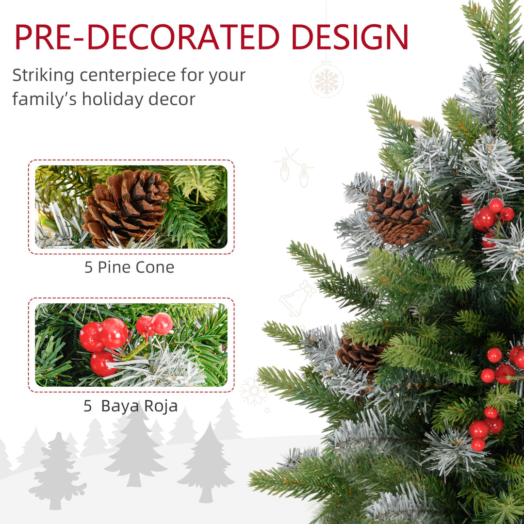 HOMCOM 2 Pieces 2ft Prelit Artificial Christmas Tree with LED Light and 141 Tips, Concrete Base, Tabletop Xmas Tree with Pine Cones and Red Berries, Green