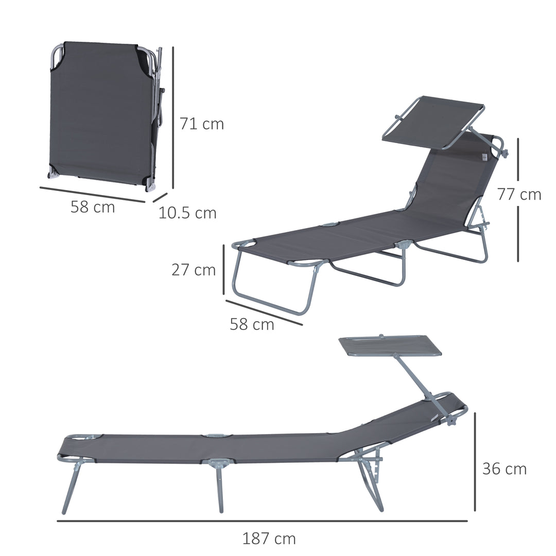 2 Pieces Outdoor Foldable Sun Lounger, 4 Level Adjustable Backrest Reclining Sun Lounger Chair with Angle Adjust Sun Shade Awning for Beach, Garden, Patio, Dark Grey