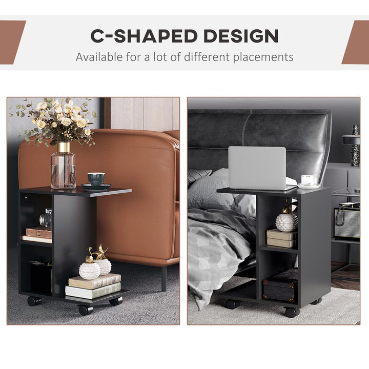 C-Shape End Table Unique Storage Unit w/ 2 Shelves 4 Wheels Freestanding Home Furniture Cabinet Square Black