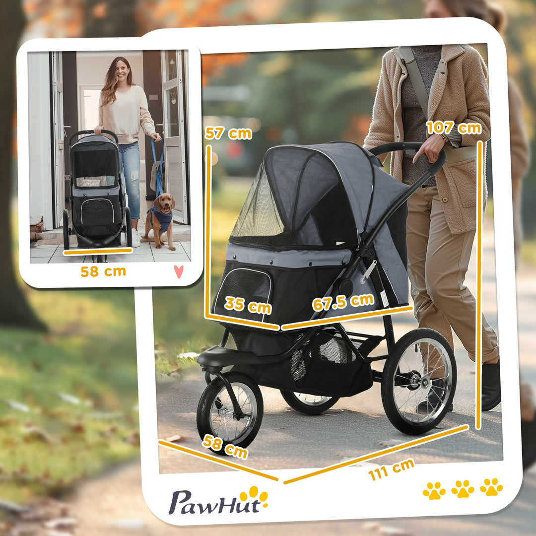 PawHut Pet Stroller Jogger for Medium Small Dogs, Foldable Cat Pram Dog Pushchair with Adjustable Canopy, 3 Big Wheels, Grey | Aosom UK