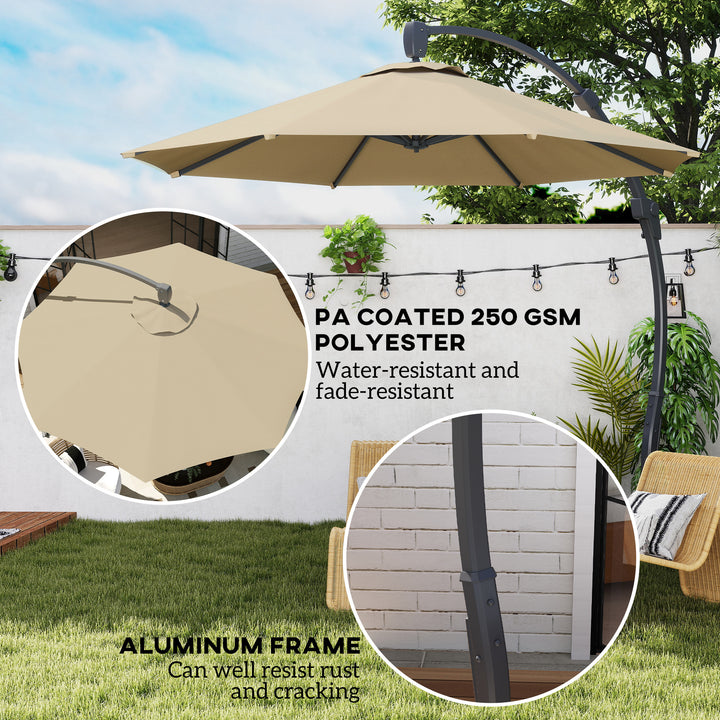 3(m) Garden Cantilever Parasol, Round Overhanging Umbrella with Crank Handle, Cross Base, Aluminium Frame and 360° Rotation, Banana Patio Umbrella for Outdoor Sun Shade, Khaki