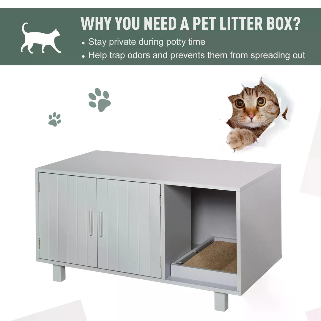 PawHut Cat Litter Box Enclosure, Wooden, Nightstand/End Table Design, with Scratcher, Magnetic Doors, Grey | Aosom UK