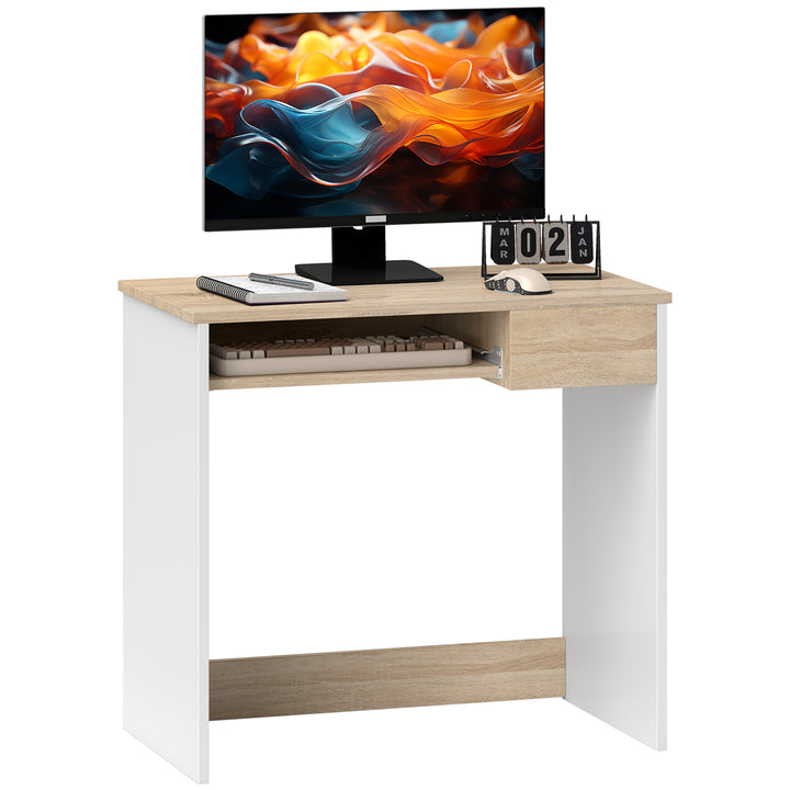 HOMCOM Compact Computer Table with Keyboard Tray Drawer Study Office Working Gaming Writing Desk, Oak Colour | Aosom UK