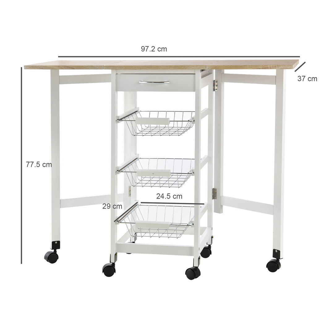 MCL Drop-Leaf Kitchen Cart Trolley w/ 3 Baskets Drawer Surface Top 6 Universal Wheels Rolling Storage Unit Kitchen Home Dining Island White Oak Tone