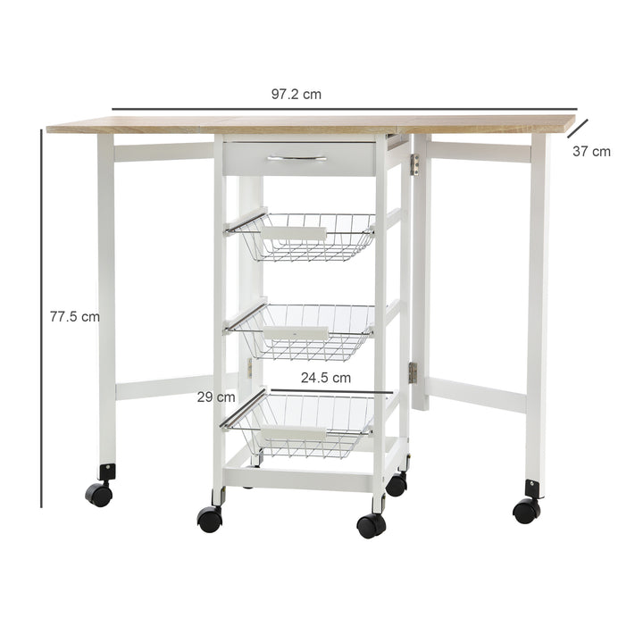 MCL Drop-Leaf Kitchen Cart Trolley w/ 3 Baskets Drawer Surface Top 6 Universal Wheels Rolling Storage Unit Kitchen Home Dining Island White Oak Tone