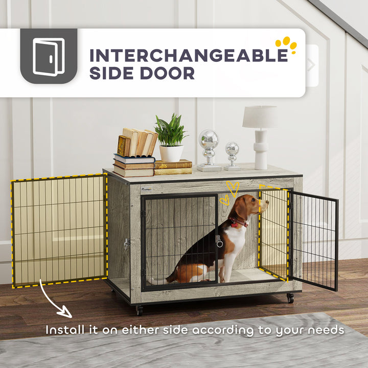 Dog Crate Furniture with Wheels, Double Doors, for Medium Dogs, Grey