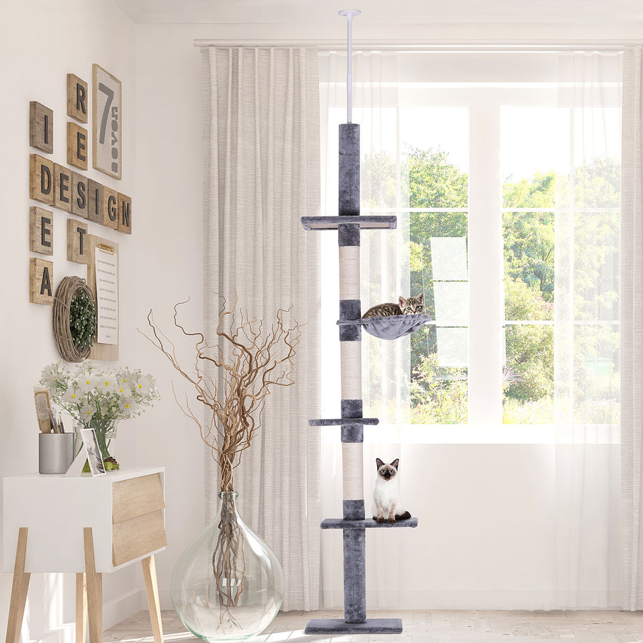 Floor to Ceiling Cat Tree for Indoor Cats 5-Tier Kitty Tower Climbing Activity Center Scratching Post Adjustable Height 230-260 cm Grey