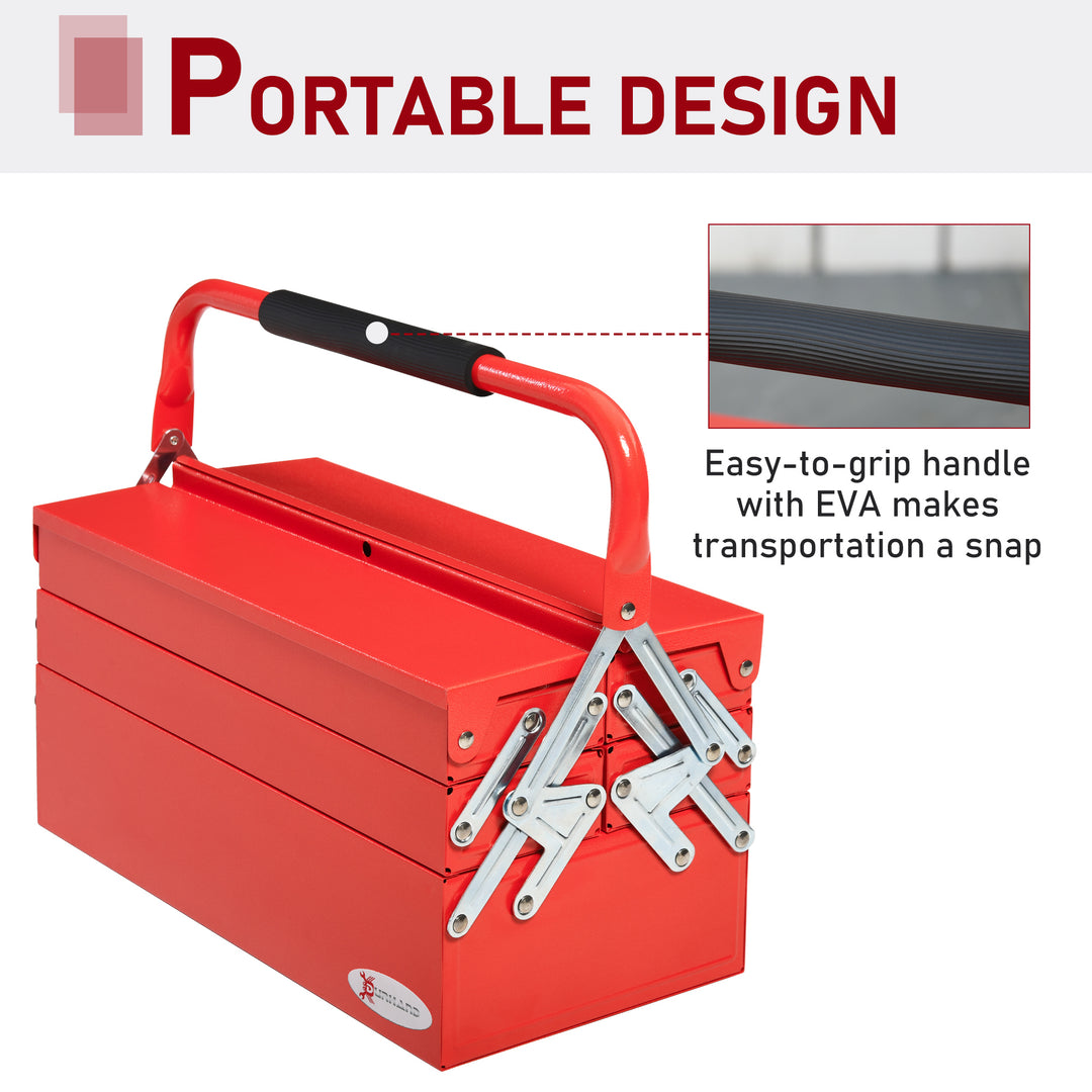 DURHAND Professional Metal Tool Box, 3 Tier 5 Tray Cantilever Storage Cabinet with Carry Handle, 45cmx22.5cmx34.5cm, Red