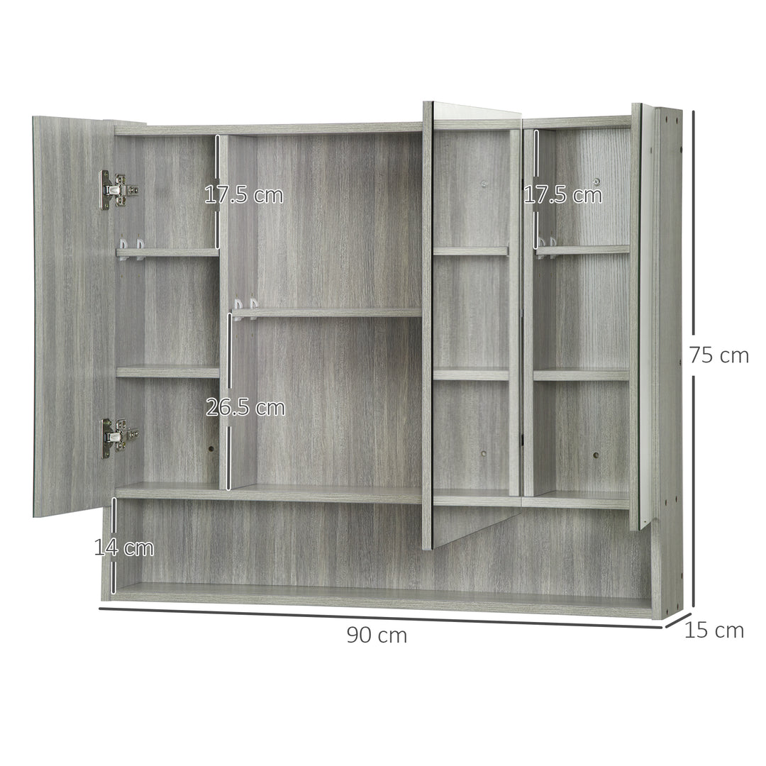 kleankin Wall Mounted Bathroom Mirror Cabinet, Storage with Adjustable Shelves, 3 Doors, Grey