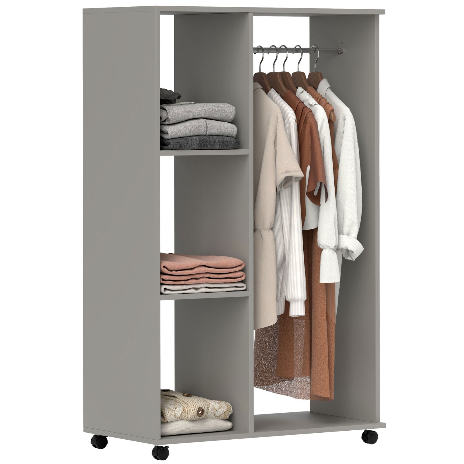 Open Wardrobe on Wheels, Bedroom Wardrobe with Clothes Hanging Rail, 3 Storage Shelves, Mobile Garment Rack for Cloakroom, Hallway, Grey