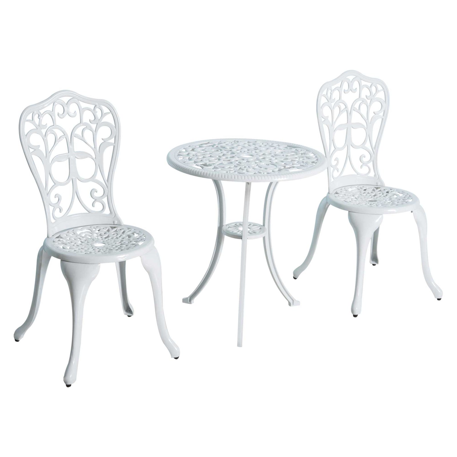 3 Pieces Antique Garden Bistro Set for 2, Cast Aluminium Garden Furniture Set with Umbrella Hole, White