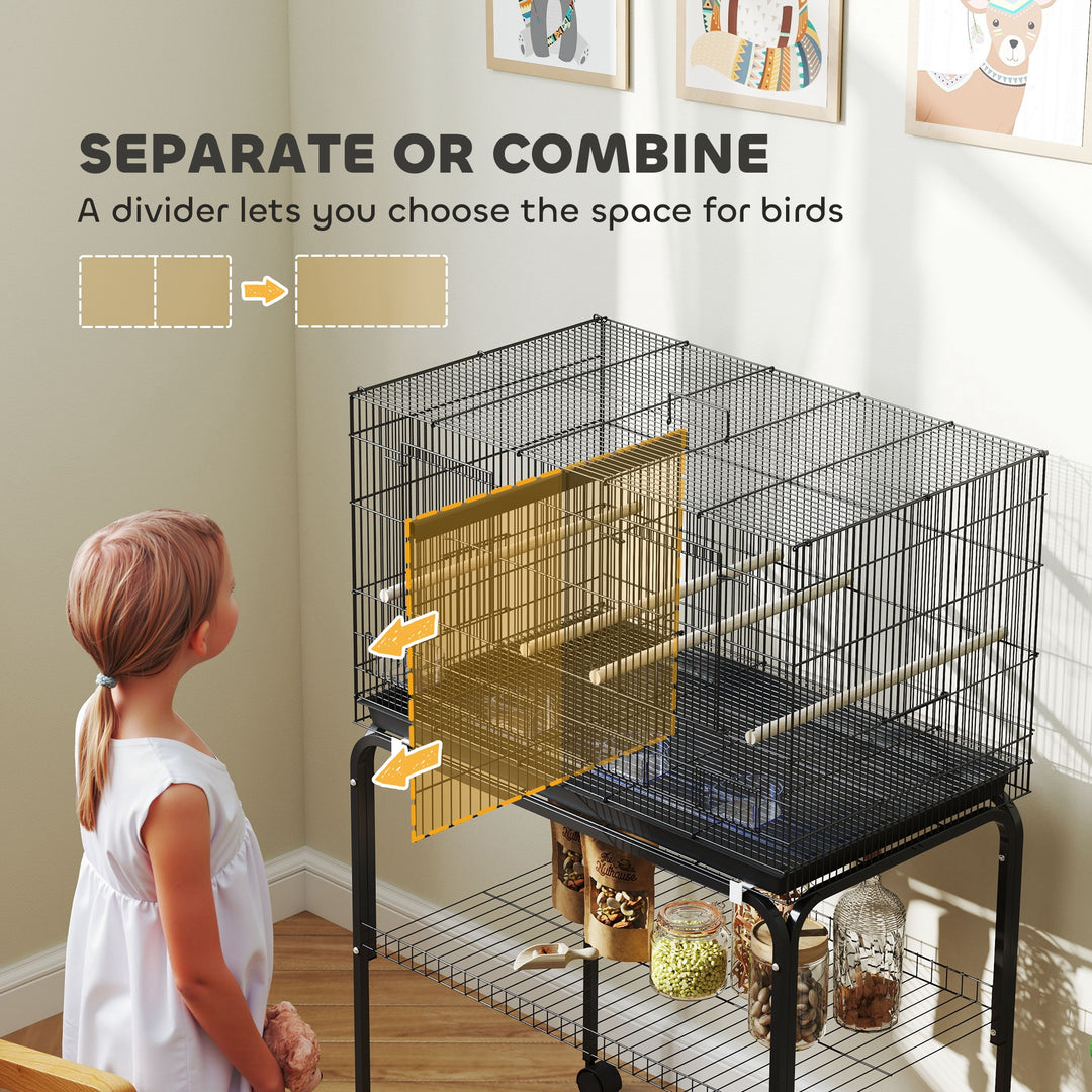 Bird Cage with Divider, 4 Wooden Perches, Slide Out Tray, 4 Feeders, for Budgie, Lovebird, Canary, 76 x 46 x 116cm Black
