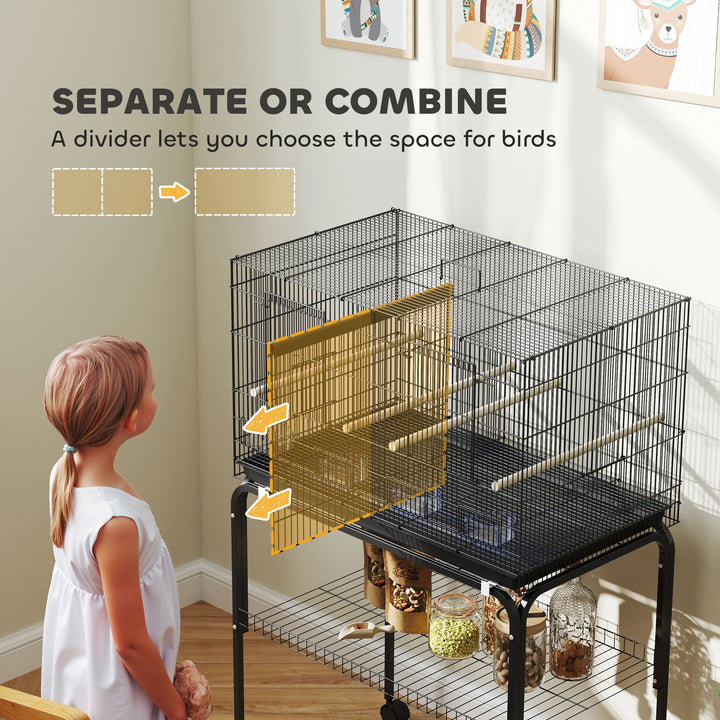 Bird Cage with Divider, 4 Wooden Perches, Slide Out Tray, 4 Feeders, for Budgie, Lovebird, Canary, 76 x 46 x 116cm Black