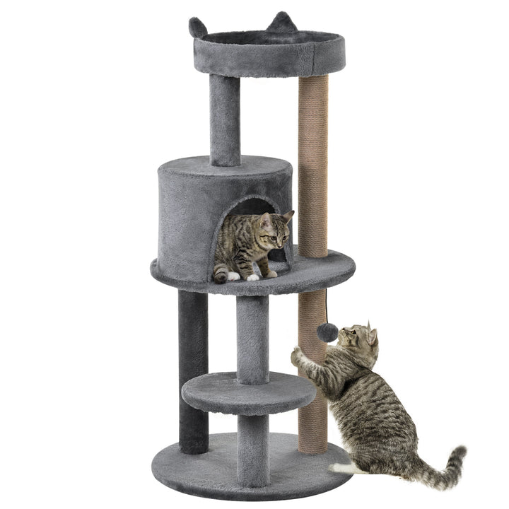 PawHut Deluxe Cat Tree with 3-Tier, Scratching Posts, Play Ball, and Plush Toy for Climbing and Relaxing, Grey | Aosom UK