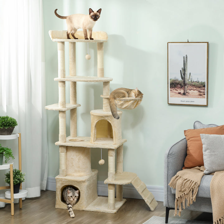 170 cm Large Cat Tree, Cat Tower with 7 Scratching Posts, Tunnel, 2 Co