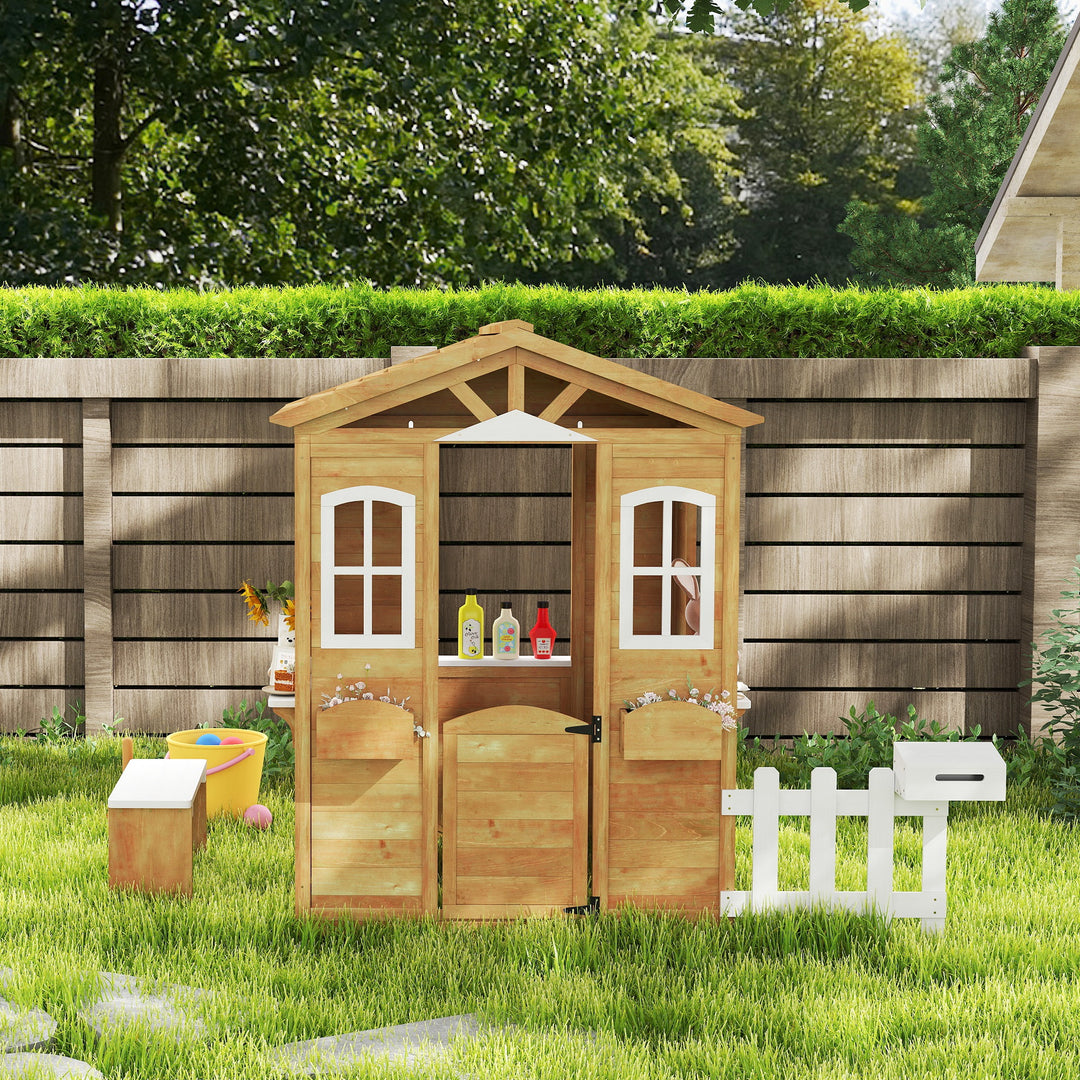 Wooden Playhouse for Kids with Door, Windows, Mailbox, Flower Pot Holder, Serving Station, Bench for Children, Yellow