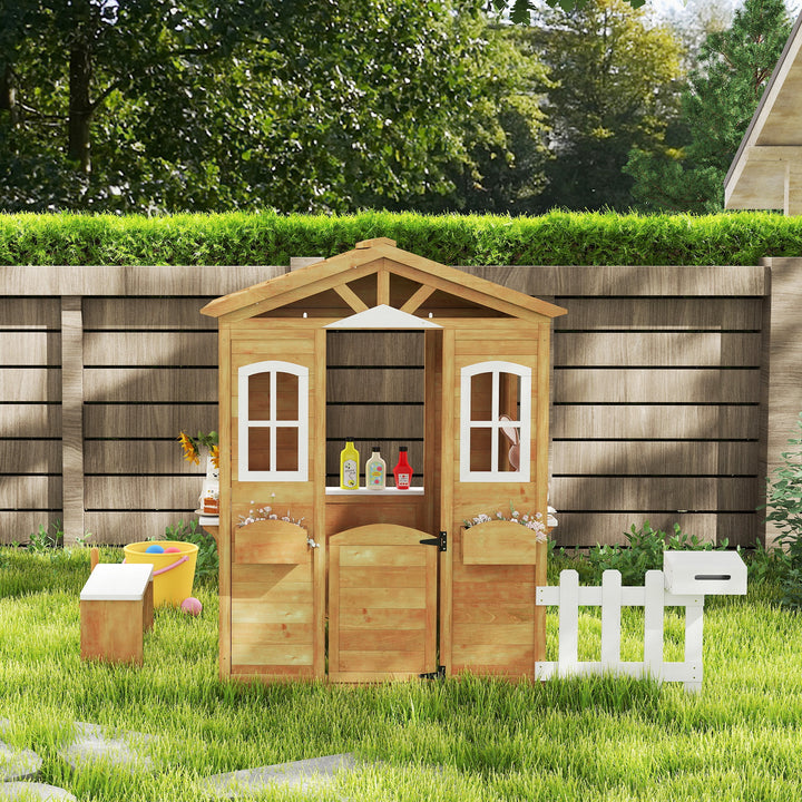 Wooden Playhouse for Kids with Door, Windows, Mailbox, Flower Pot Holder, Serving Station, Bench for Children, Yellow