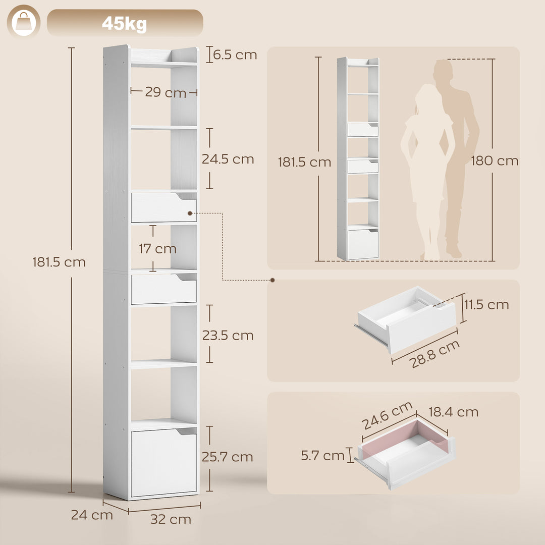 Bookcase Tall Narrow with 5 Tiers and Drawers Freestanding Bookshelf S