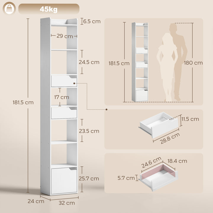 Bookcase Tall Narrow with 5 Tiers and Drawers Freestanding Bookshelf S