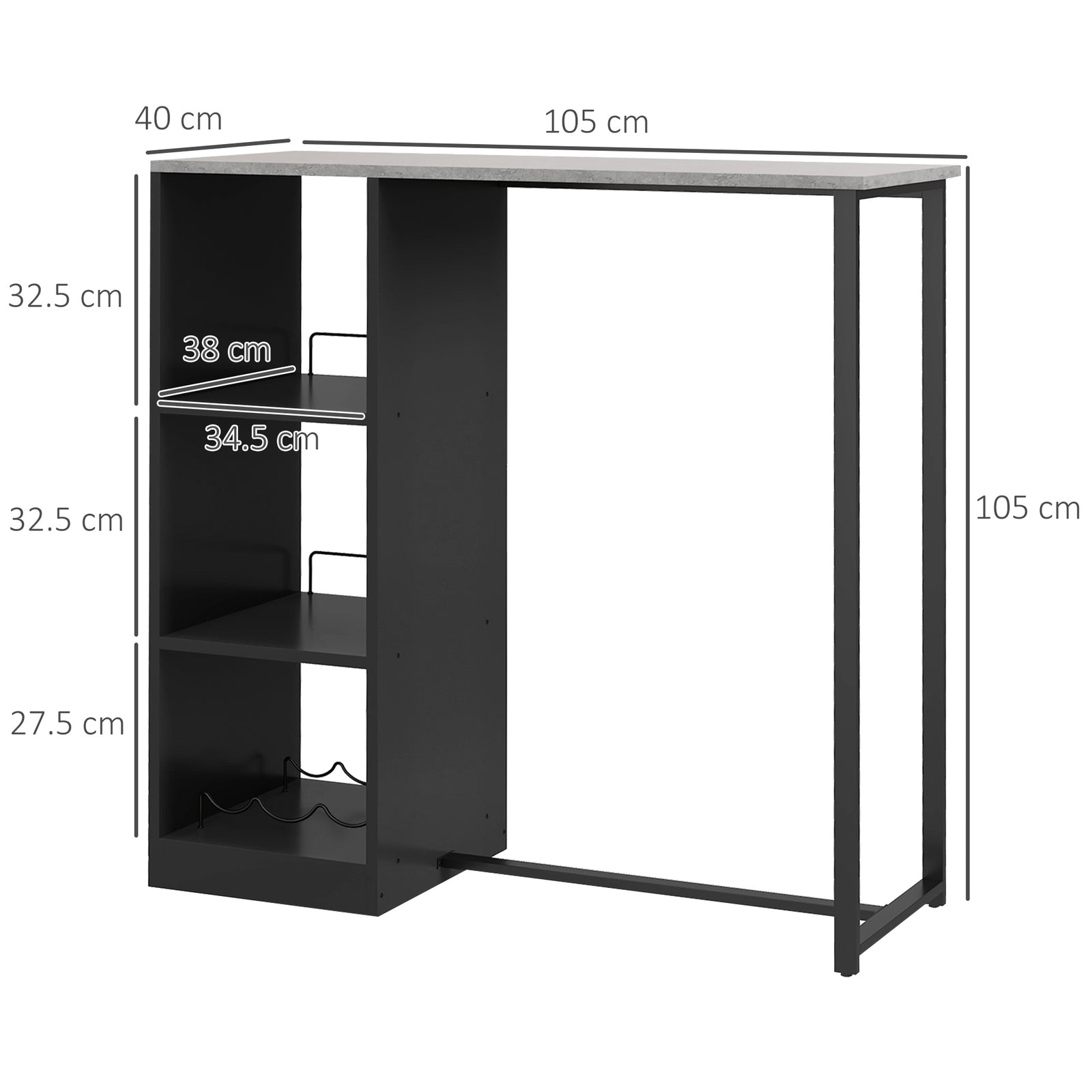 Breakfast Bar Table, Bar Table with 3-Tier Storage Shelf and Wine Rack