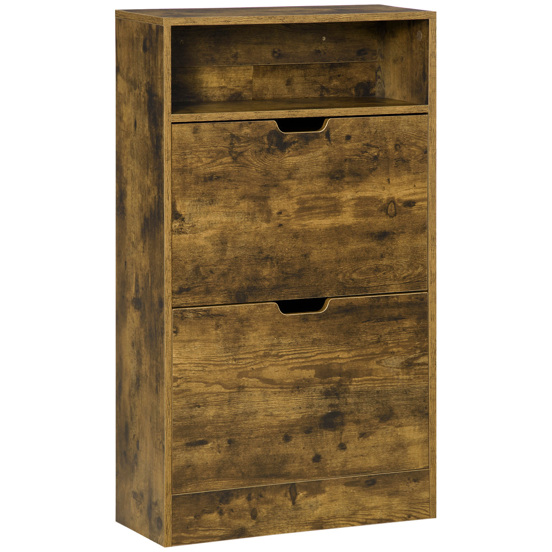 Shoe Cabinet with 2 Flip Doors, Slim 2-Drawer Shoe Cupboard with Adjustable Divider and Open Compartment for 12 Pairs of Shoes, Entryway Storage Unit, Rustic Brown