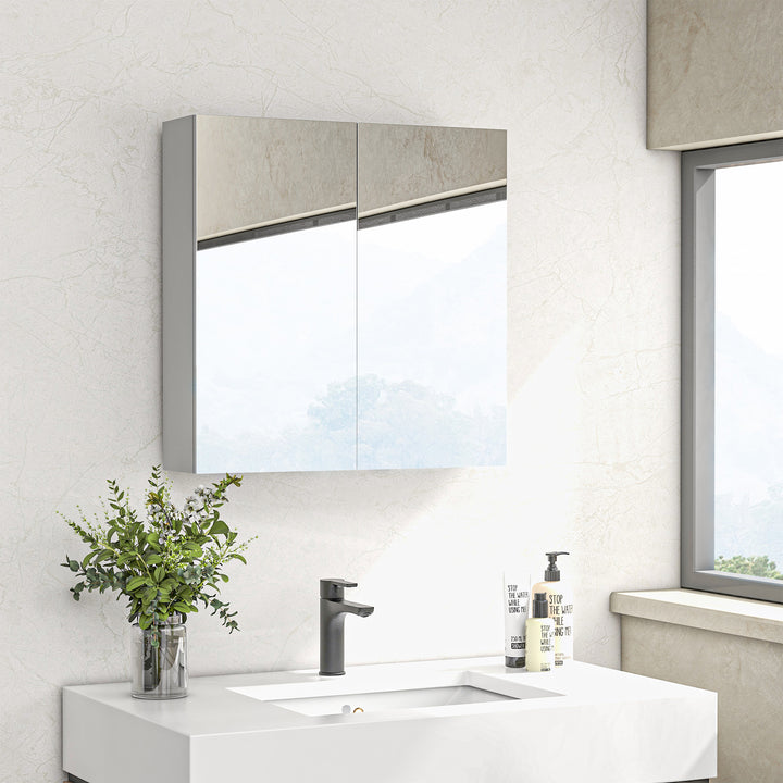 Kleankin Bathroom Storage Cupboard, Double Door Mirror Cabinet Wall Mounted with Adjustable Shelf, High Gloss White, 60W x 15D x 60H cm.
