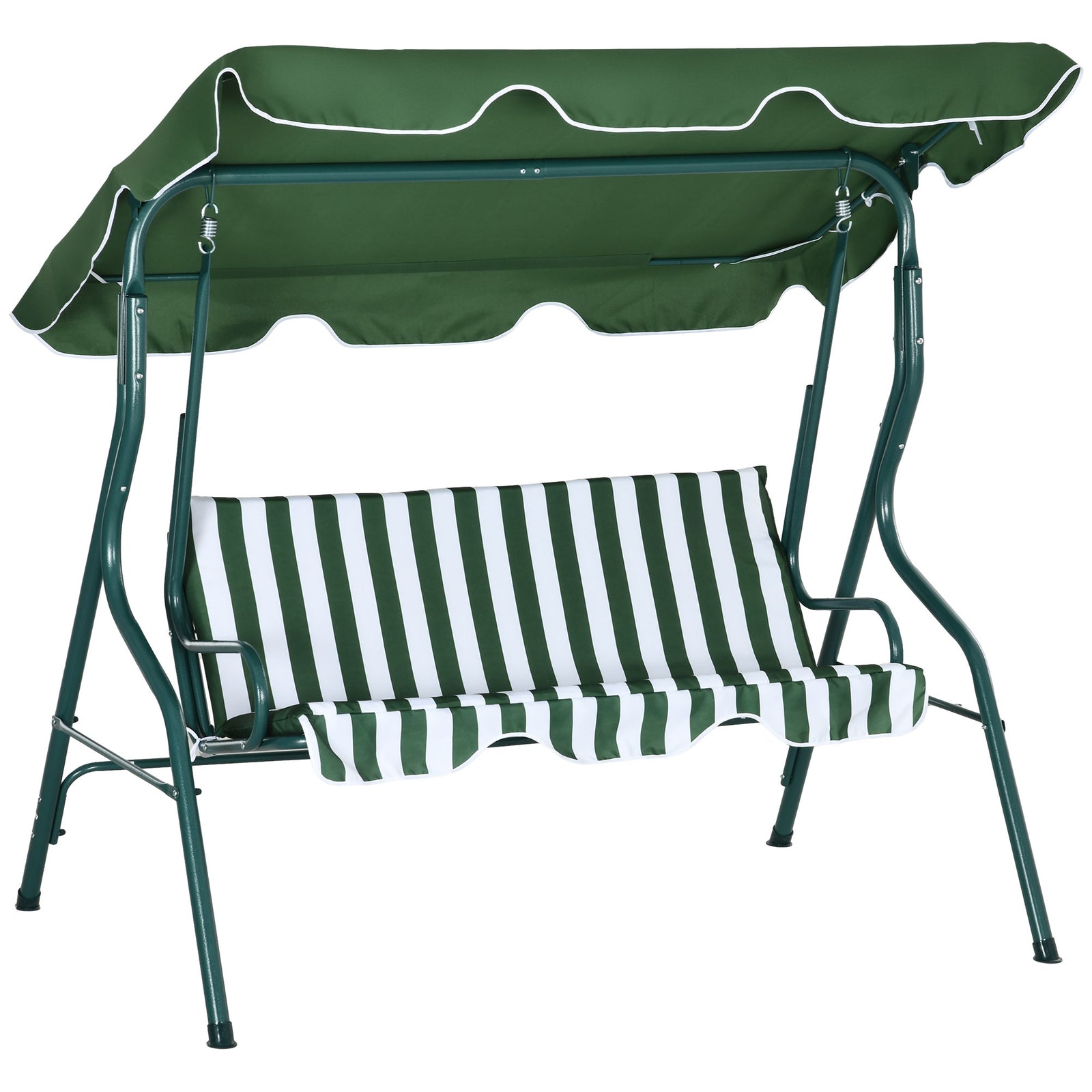 3 Seater Garden Swing Seat Chair Outdoor Bench with Adjustable Canopy and Metal Frame, Green Stripes