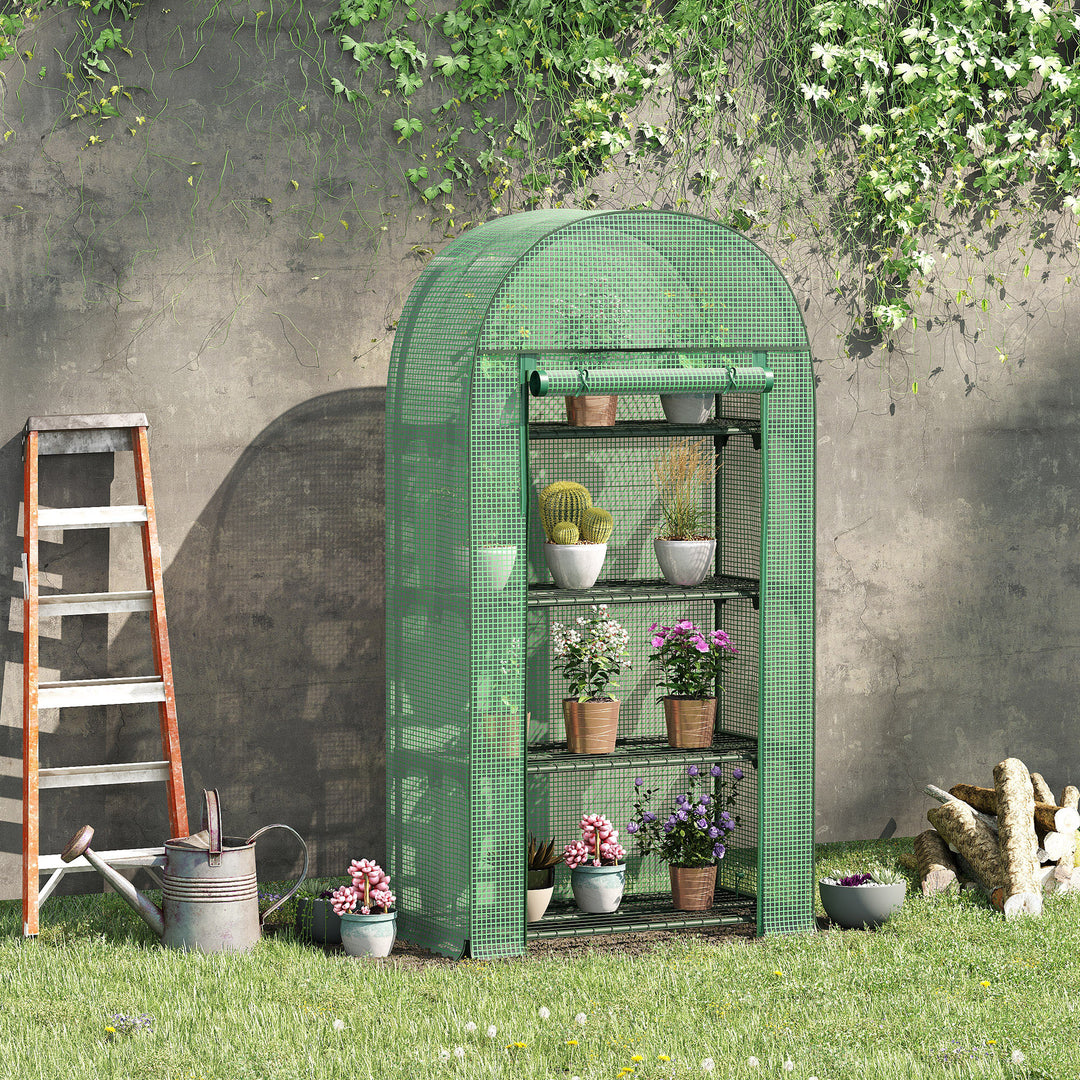 Outsunny Compact Mini Greenhouse Outdoor with Storage Shelf and Roll-Up Zippered Door, 80x49x160cm - Green | Aosom UK