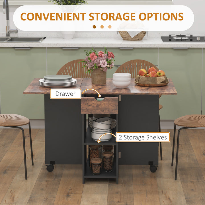 Folding Dining Table, Drop Leaf Table for Small Spaces, Foldable Table with Drawer and Storage Shelves for Kitchen, Dining Room, Rustic Brown