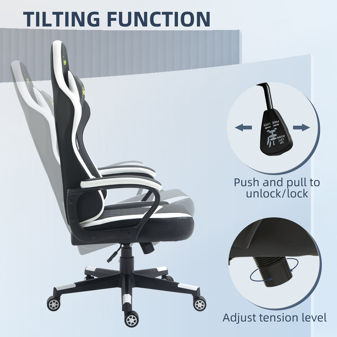 Gaming Chair, Computer Desk Chair with Lumbar Support, Faux Leather Racing Chair with Headrest and Swivel Wheels for Home Office, Black White