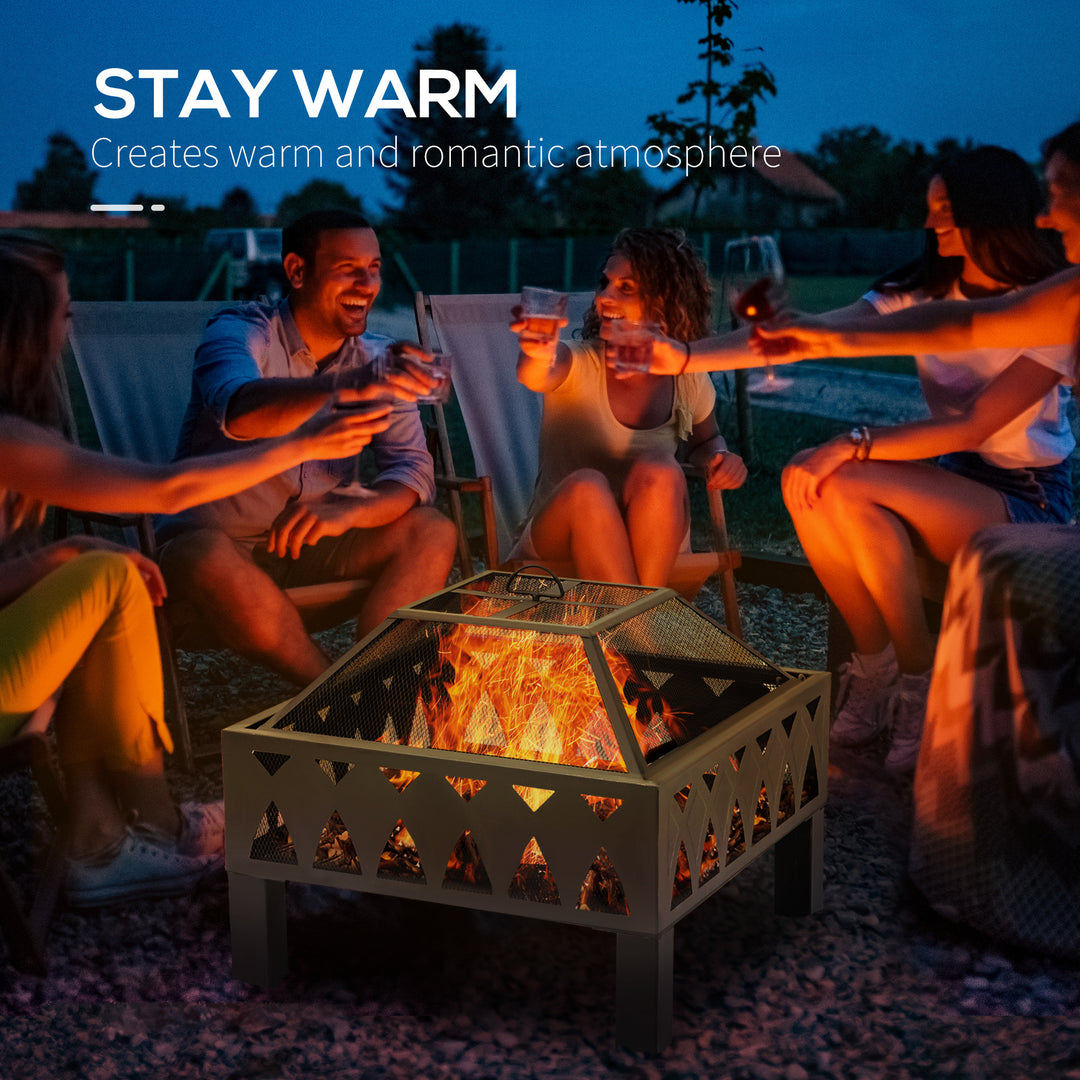 66cm Outdoor Fire Pit with Screen Cover, Wood Burner, Log Burning Firepit Bowl with Poker for Patio, Backyard, Black