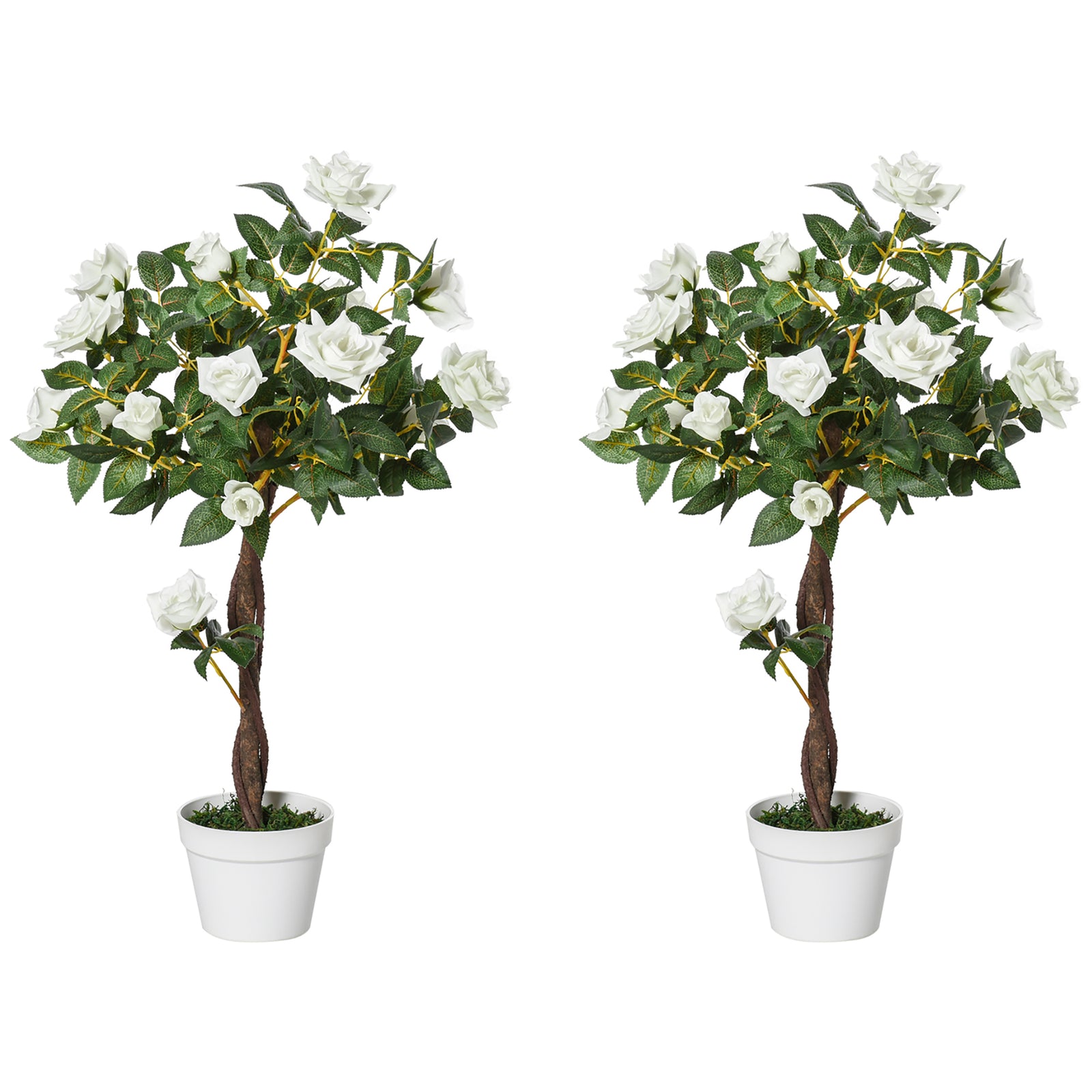Set of 2 Artificial Plants White Rose Floral in Pot, Fake Plants for Home Indoor Outdoor Decor, 90cm