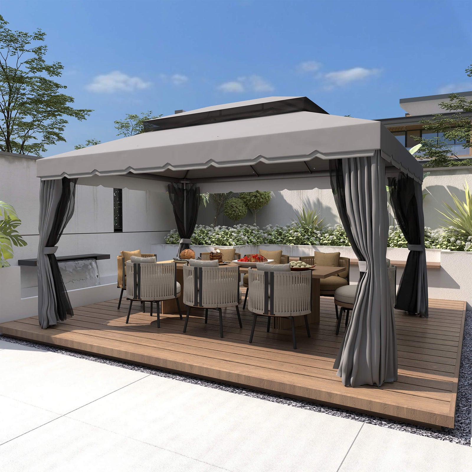 3 x 4m Aluminium Garden Gazebo, Marquee Canopy Shelter Pavilion Party Tent with Nets and Curtains for Garden and Deck, Dark Grey