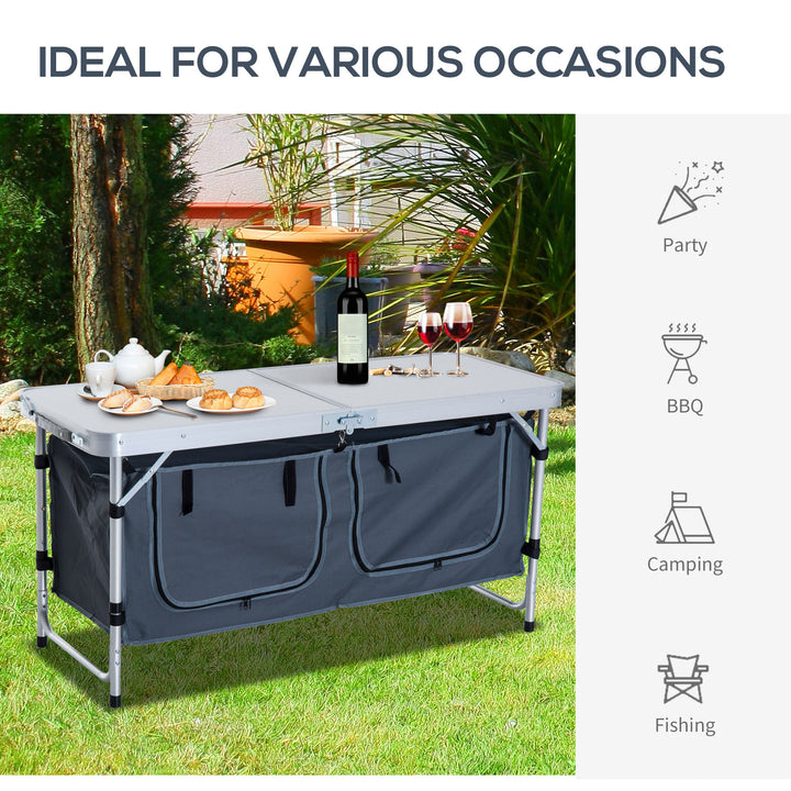 Outsunny 4ft Folding Camping Cupboard Kitchen, Height Adjustable Aluminium Camping Table with Storage, Lightweight Picnic Table for Outdoor Garden BBQ Party