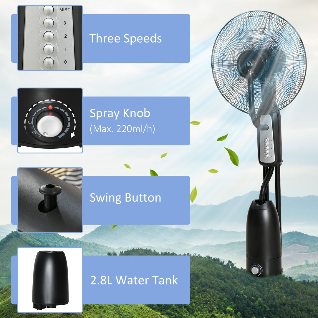 18" Pedestal Fan with Water Mist Spray, Standing Fan, Humidifying Misting Fan with 3 Speeds, 2.8L Water Tank, Black