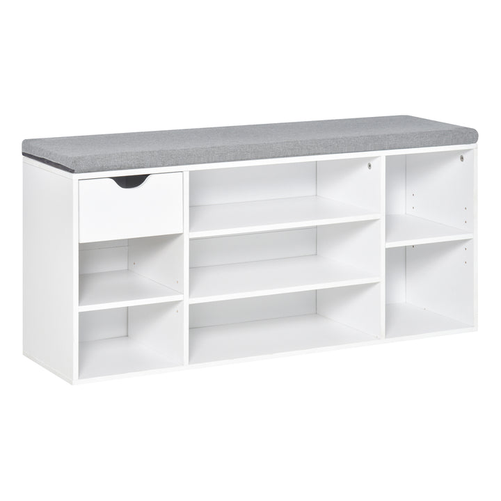 HOMCOM Shoe Storage Bench with Cushion, 7 Compartments, Adjustable Shelves, Drawer, White and Grey | Aosom UK