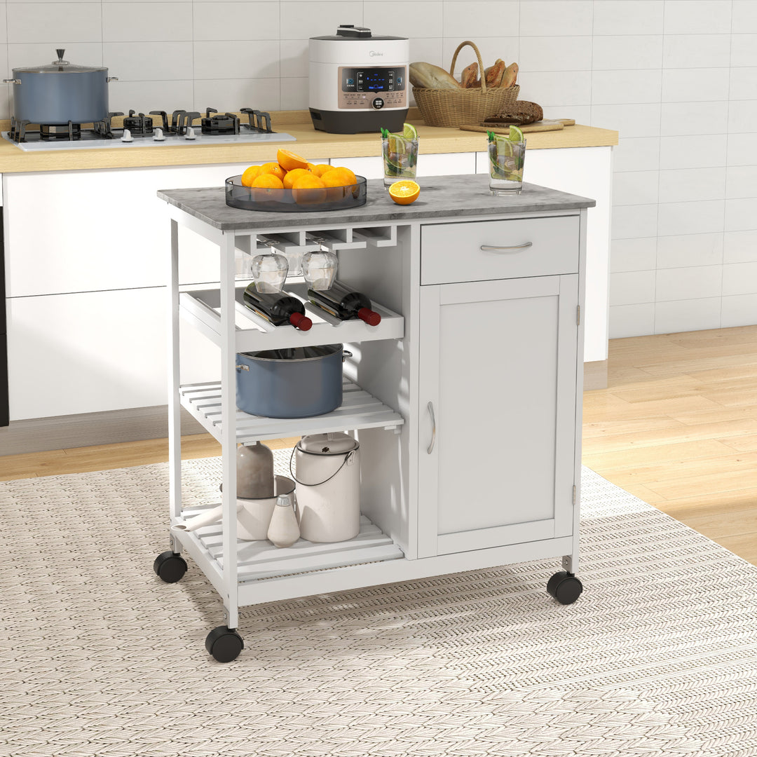 MCL Compact Kitchen Trolley Utility Cart on Wheels with Wine Rack, Drawer, Open Shelf and Storage Cabinet for Dining Room, White