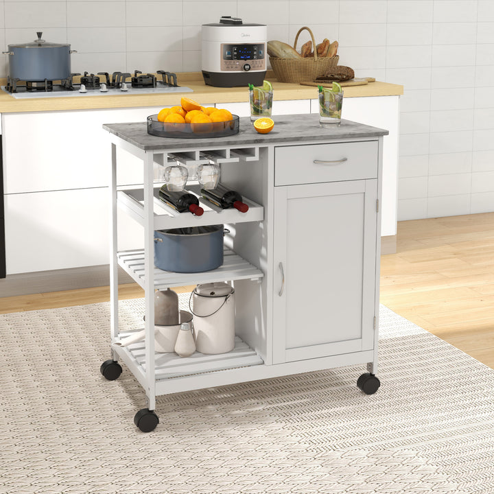 MCL Compact Kitchen Trolley Utility Cart on Wheels with Wine Rack, Drawer, Open Shelf and Storage Cabinet for Dining Room, White