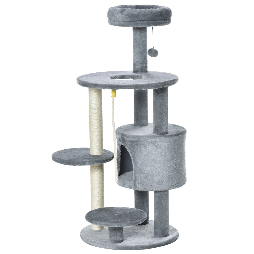 MCL Cat Tree Tower for Indoor Cats 112cm Climbing Kitten Activity Center with Jute Scratching Post Perch Hanging Ball Toy Teasing Rope Dark grey