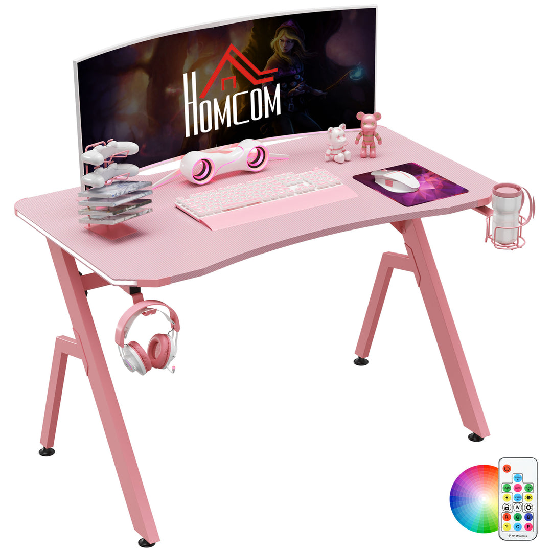 RGB 120 x 66cm Gaming Desk, Computer Table with Carbon Fibre Surface, Headphone Hook, Cup Holder, Controller Rack, Home Office Desk, Pink