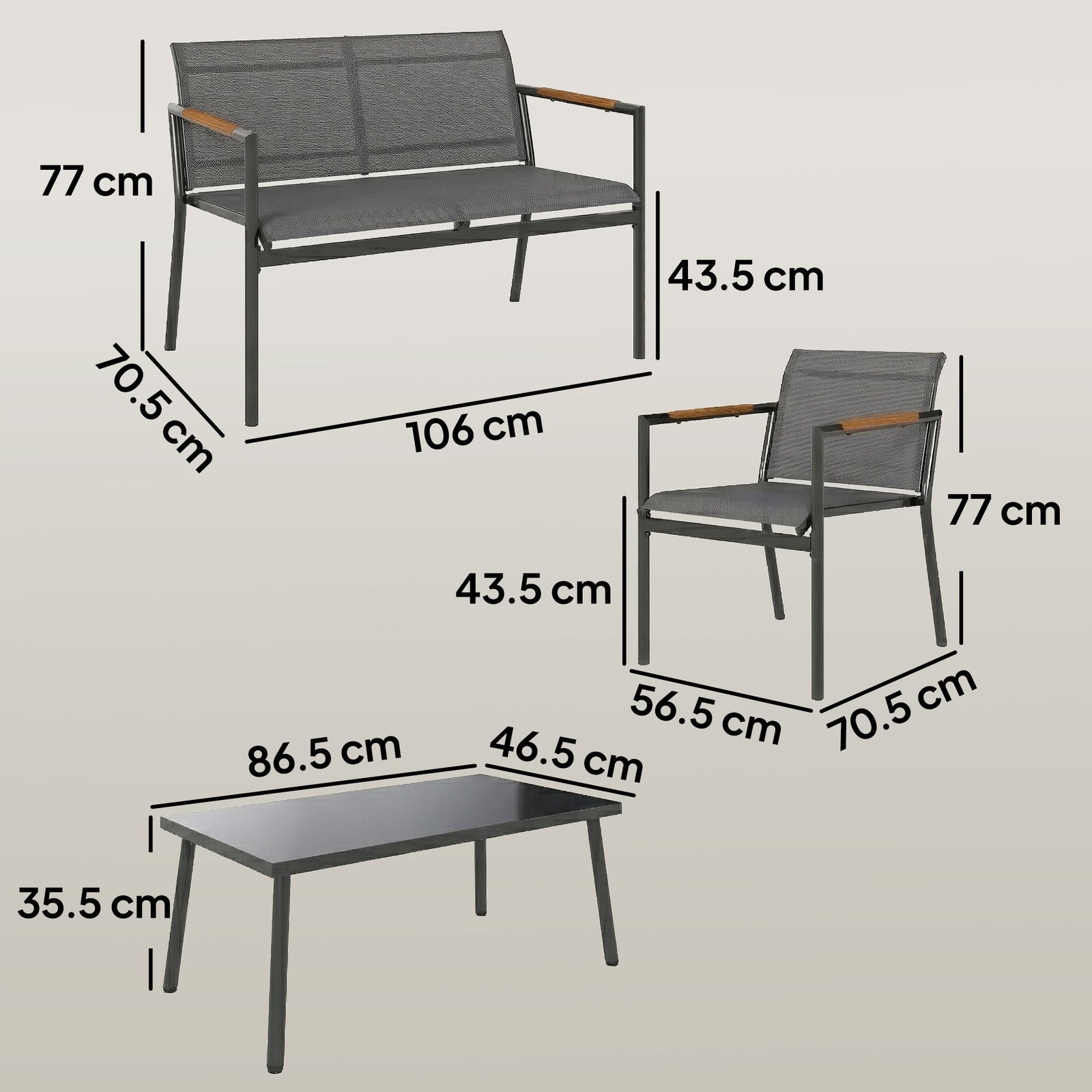 4 Seater Garden Furniture Set with Loveseat, Armchairs, Table, Metal G