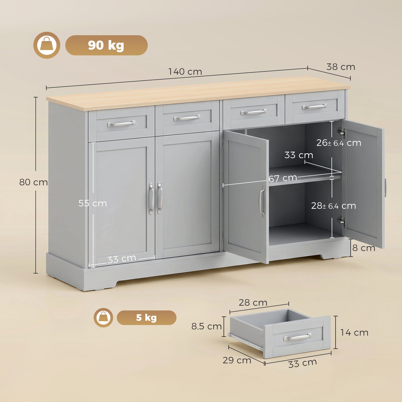 Sideboard Buffet Cabinet, 140 cm Kitchen Storage Cabinet with 4 Drawer