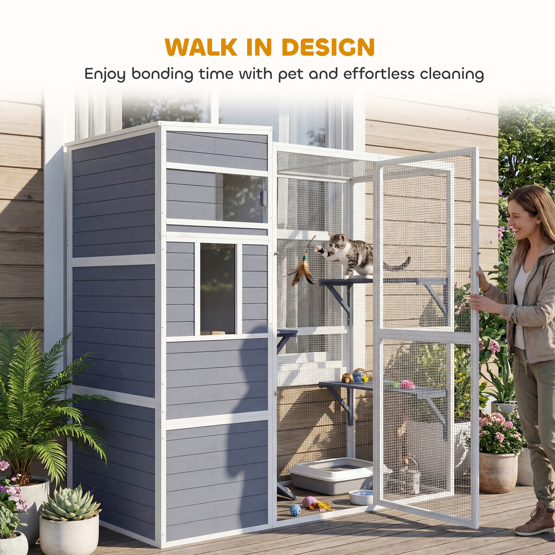 4-Tier Wooden Catio Cat Outdoor Enclosure with Sun Roof, Resting Rooms, 3 Platforms, Window Outdoor Indoor