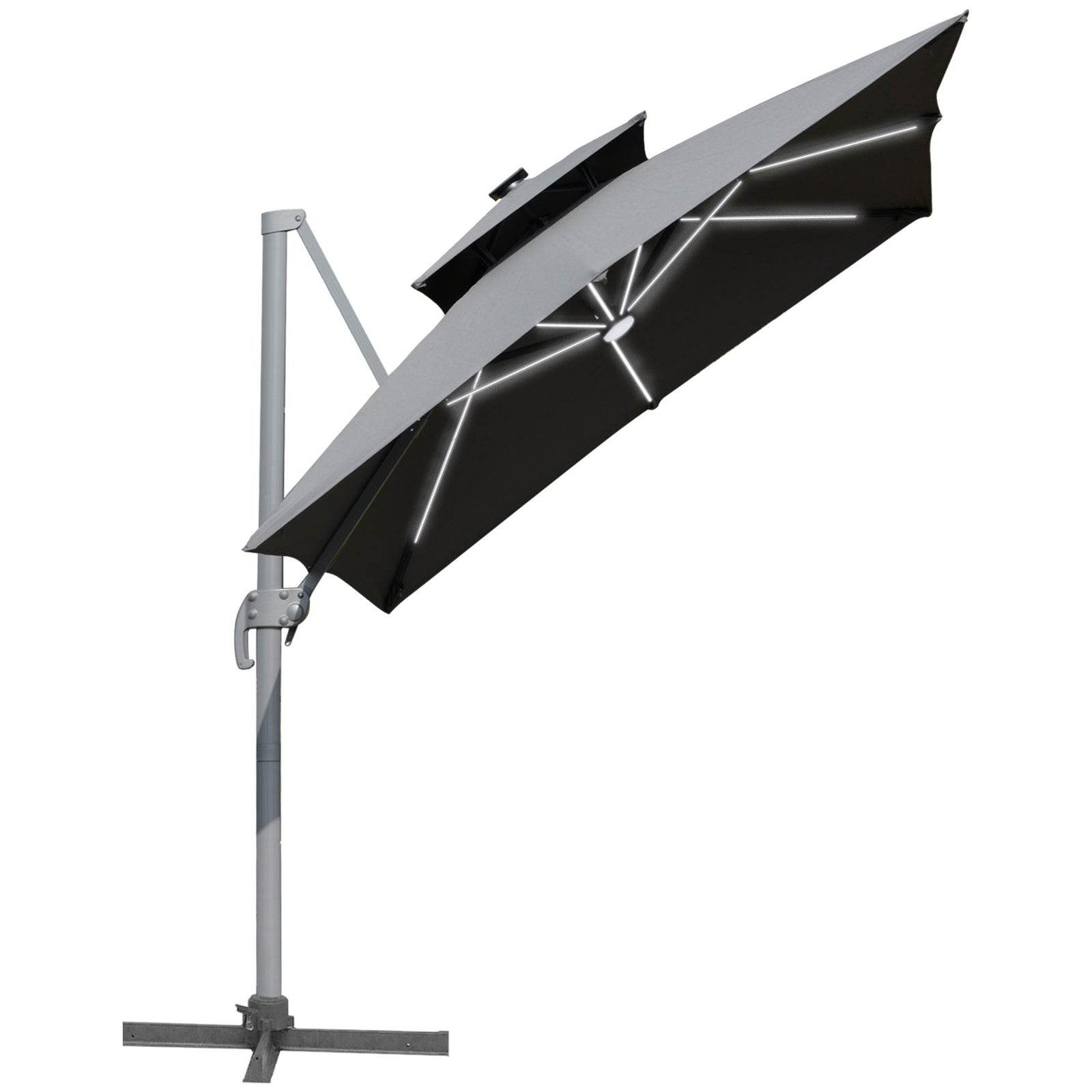3m Cantilever Parasol, Outdoor Offset Patio Umbrella, Solar LED Lighted Hanging Sun Shade Canopy with Tilt and Crank Handle, Cross Base for Lawn, Beach and Poolside, Grey
