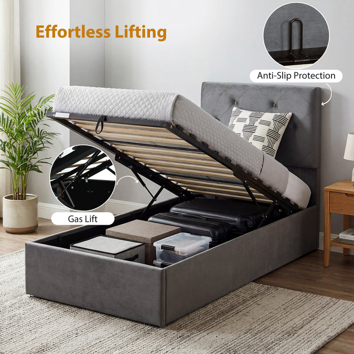 Single Bed Frame Gas End Lift Under Bed Storage Upholstered Platform B