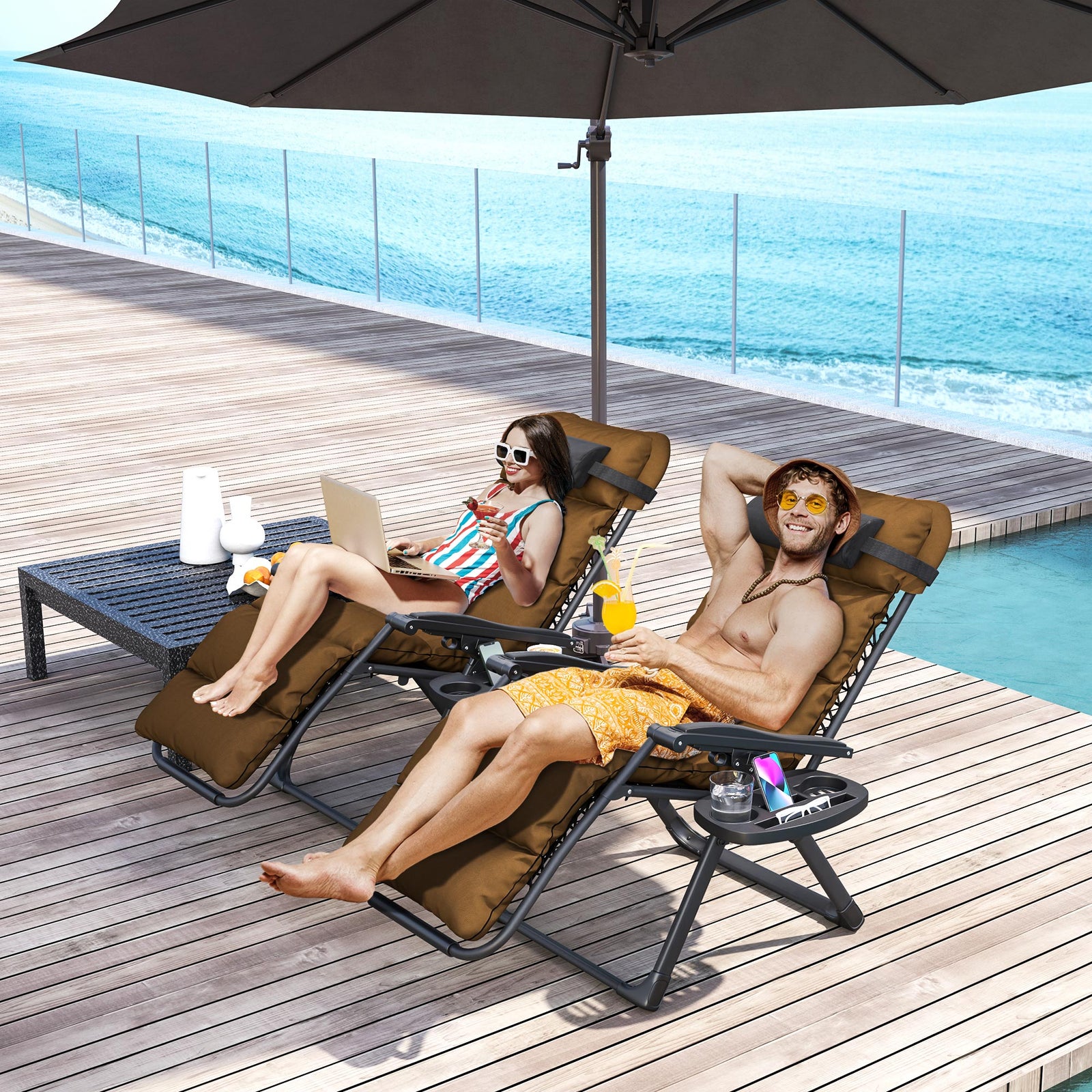 Set of Two Reclining Sun Loungers, with Cushion - Brown